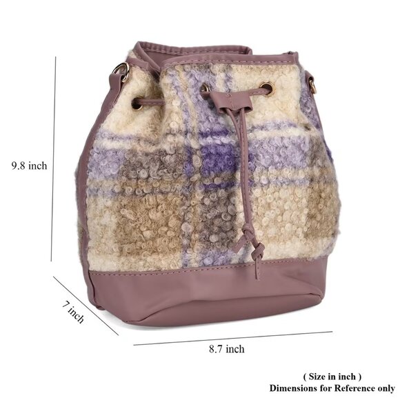 Purple/Tan Bucket Bag with Checker Pattern Faux Fur Design - Picture 4 of 6